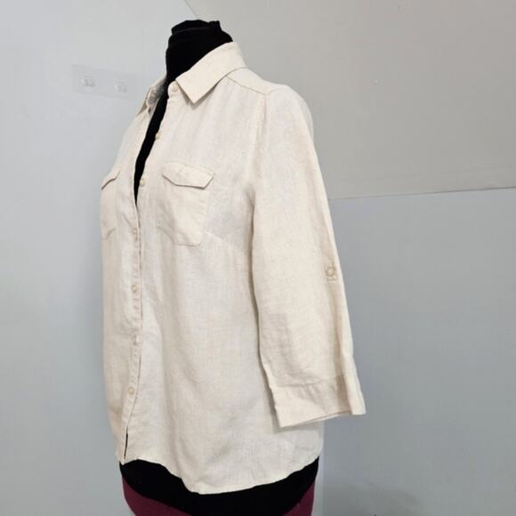 LINEN Button Front 3/4 Roll Tab Sleeves Chest Pocket Neutral Top PM - Picture 5 of 9